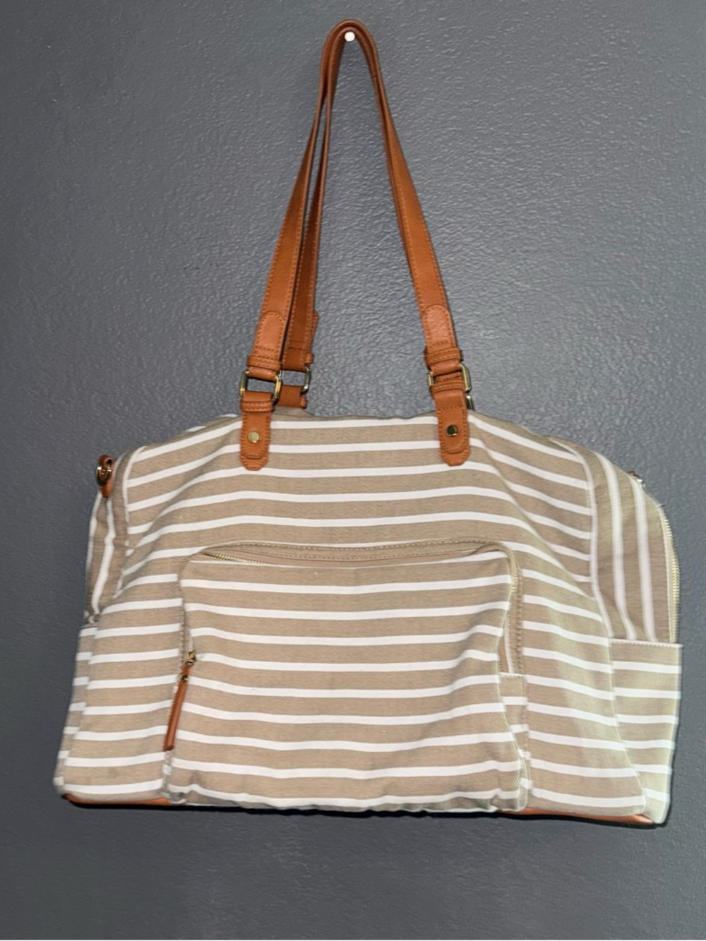 Madison West Women’s Brown Striped Travel Duffle Beach Bag - Large